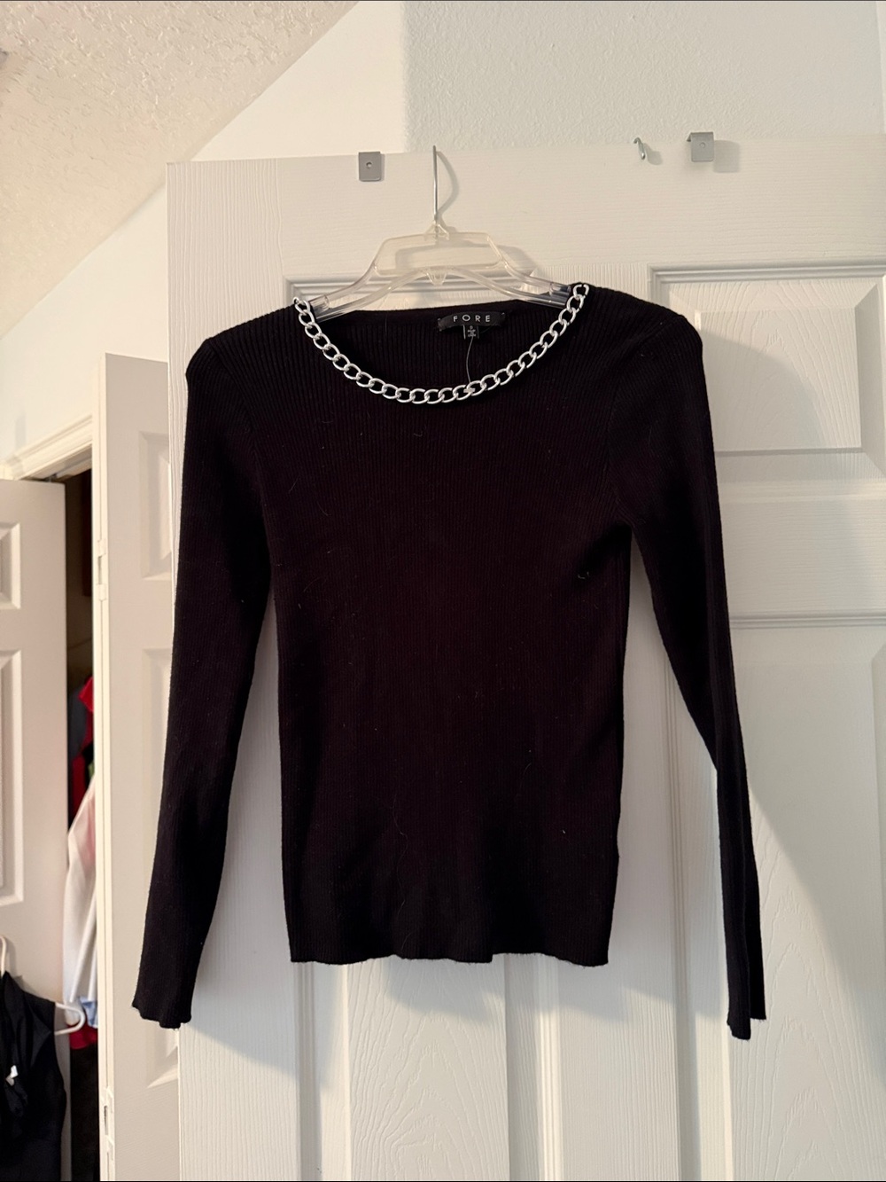 G/FORE Black Ribbed Crewneck Sweater with Chain Trim
